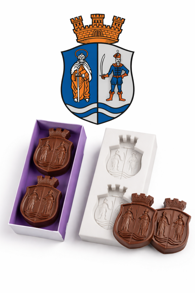 Egyedi tervezésű címeres szilikon forma, amelybe csokoládét öntöttek – részletgazdag, több elemes pajzs minta